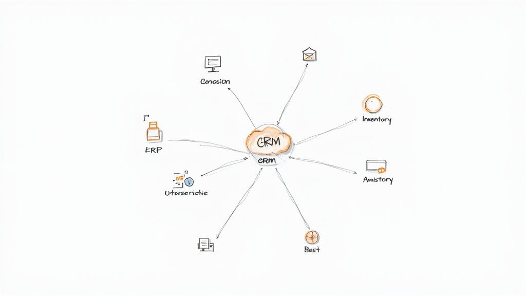 A diagram showing Salesforce at the center, connected to various business system icons like ERP, marketing, and customer service, representing an integrated ecosystem.