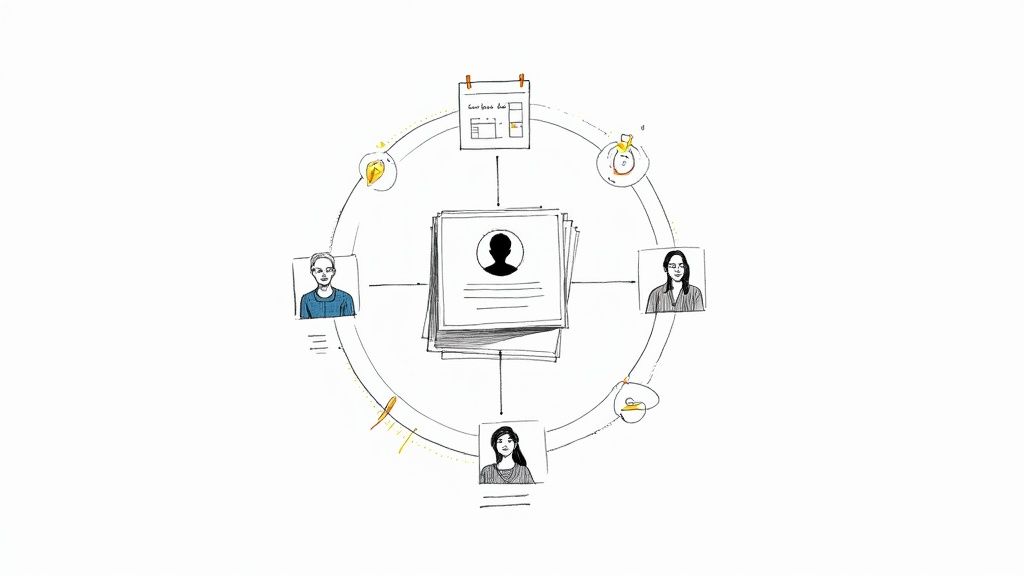 Sketch diagram illustrating a circular workflow with central documents, connecting people and processes.