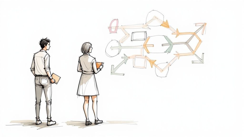 Two people collaborating on a project plan on a glass wall with sticky notes.