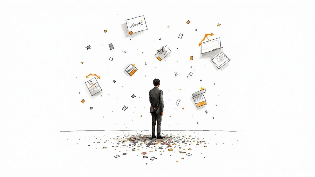 A man in a suit looks up at floating business documents and data, surrounded by scattered papers.