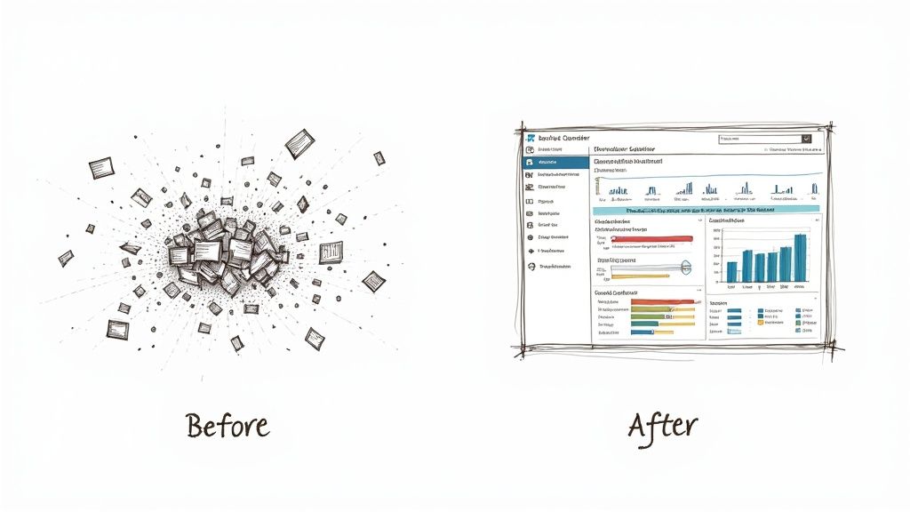 A customer service agent with a headset on smiles while working on a computer displaying customer data dashboards.