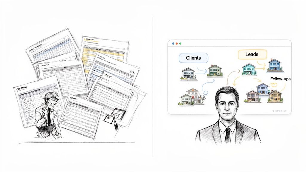 Illustration contrasting messy manual real estate client management with an organized digital software interface.