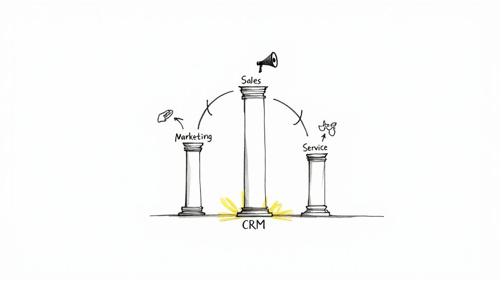 Illustration of Marketing, Sales, and Service pillars built on a glowing CRM foundation, showing customer journey flow.