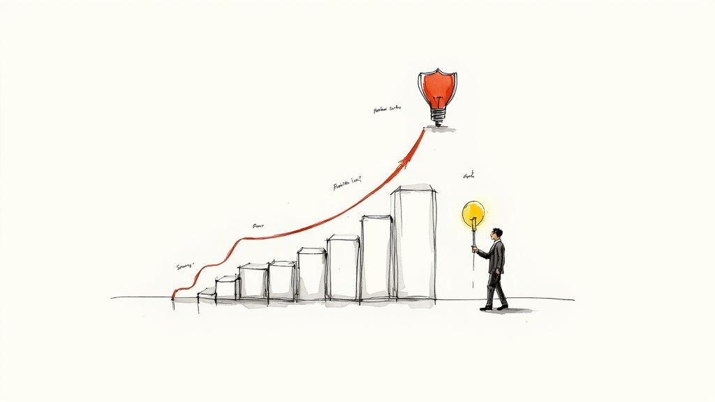 Illustration of a businessman with an idea bulb walking towards a growing bar graph reaching a red lightbulb.