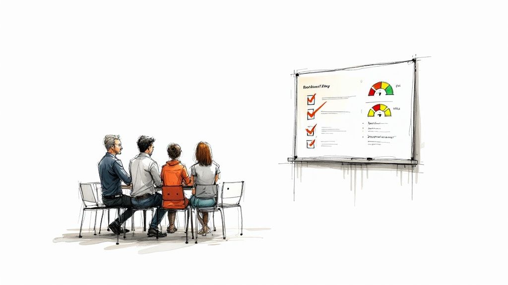 An office meeting with employees discussing a project on a whiteboard.