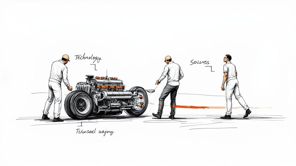 Three professionals working on exposed engine motorcycle representing technology and service collaboration