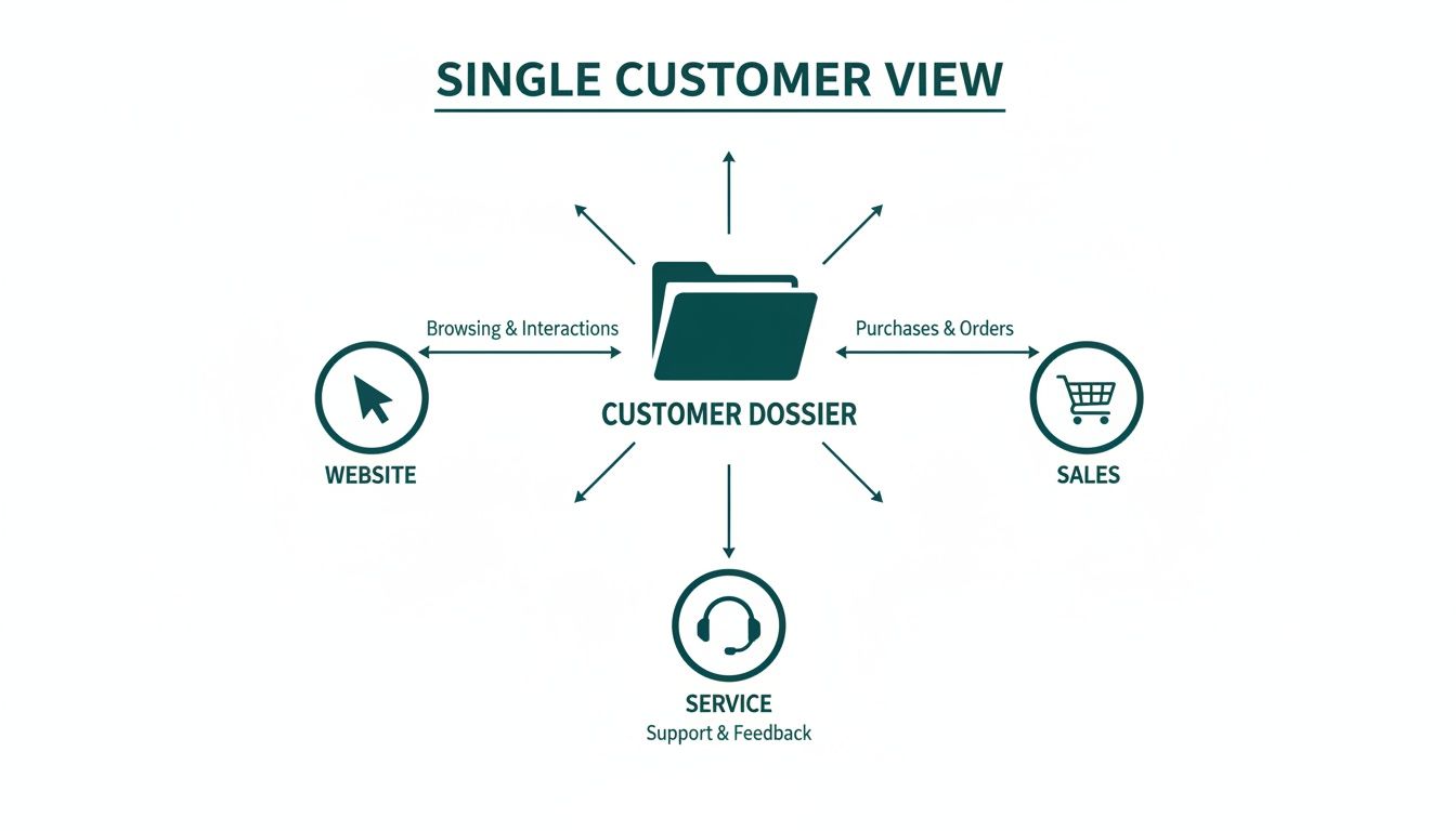 A single customer view diagram illustrating a customer dossier integrating data from website, sales, and service interactions.
