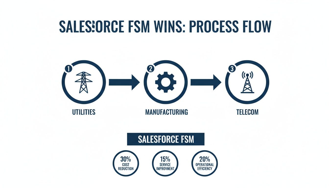 Salesforce FSM process flow shows benefits for utilities, manufacturing, and telecom industries.