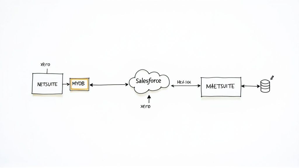 Diagram illustrating data flow and integration between business applications like NetSuite, MYOB, Salesforce, MaetSuite, and a database.