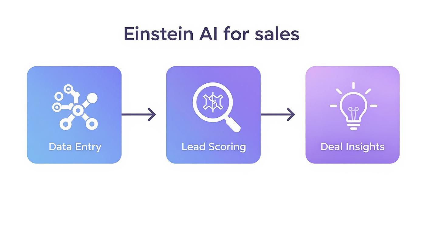 Diagram showing Einstein AI for sales process: data entry, lead scoring, and deal insights.