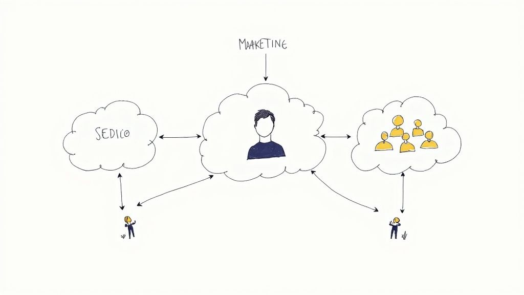 Diagram showing Marketing, Sales, and Service Clouds connected in a cycle
