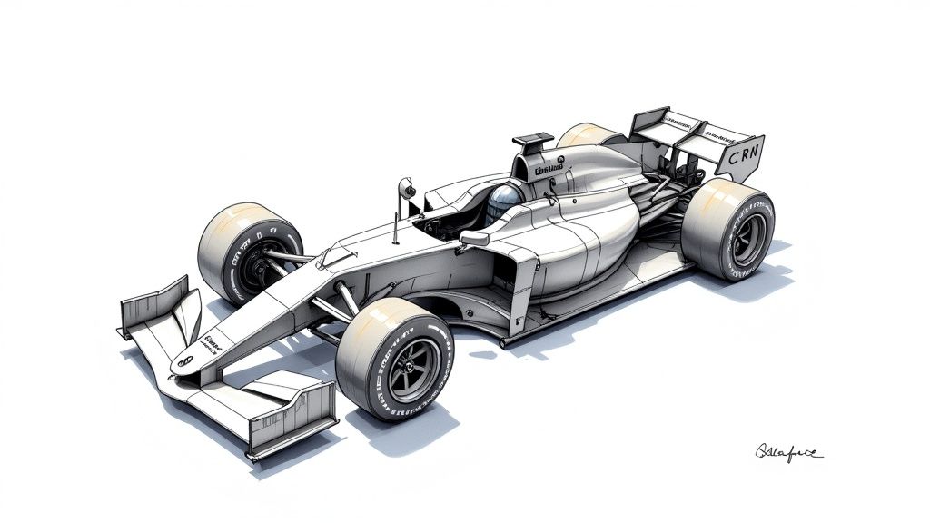 Detailed sketch illustration of a white Formula 1 race car with 'CRM' and 'Salesforce' branding.