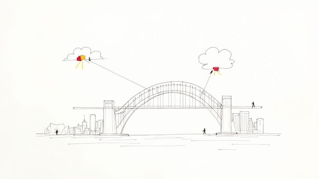 Minimalist sketch of Sydney Harbour Bridge with city skyline, clouds, and people walking