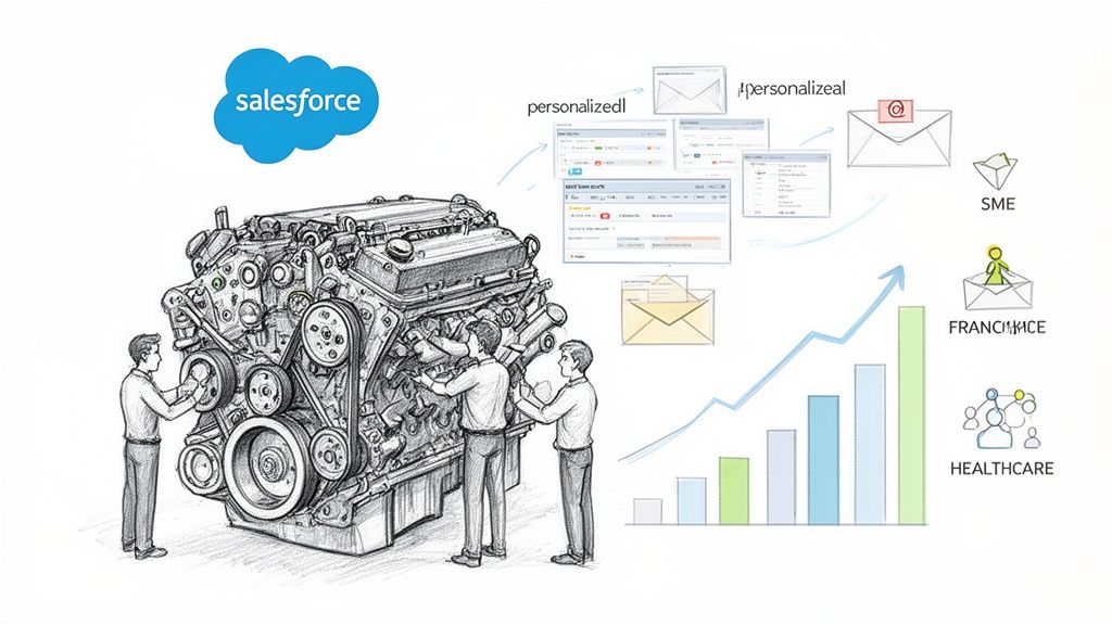 Diagram showing Salesforce as an engine, personalized email marketing, and growth across SME, Franchise, Healthcare sectors.