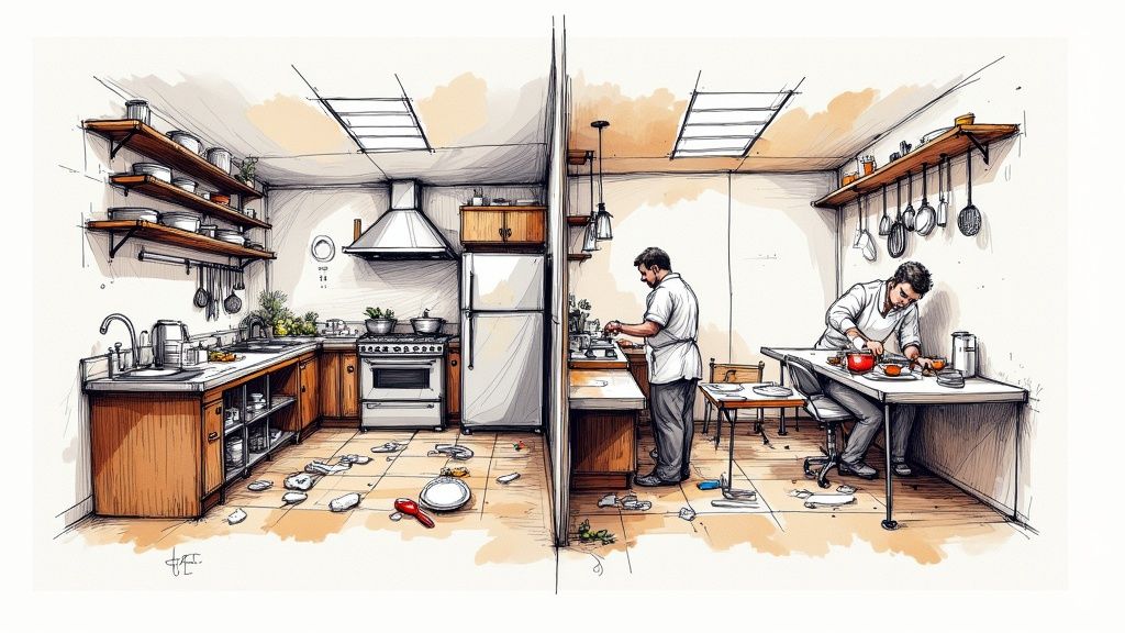 A professional chef's organized workstation, symbolizing a streamlined business process with everything in its place.