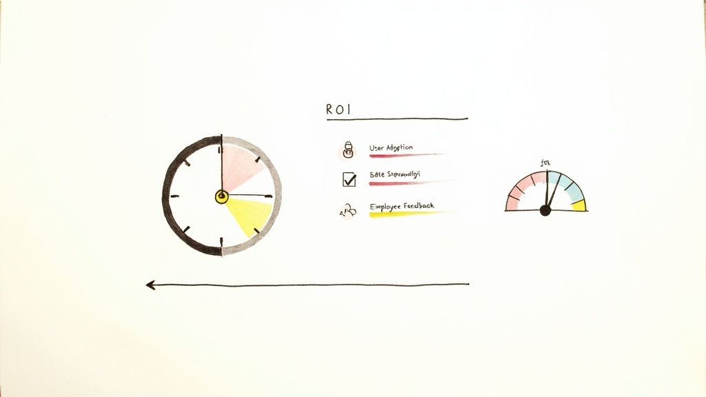 An image showing a dashboard with graphs and charts that track metrics such as user adoption, data quality, and ROI.