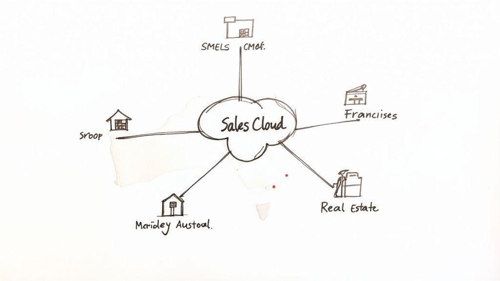 Hand-drawn diagram showing Sales Cloud as a central hub connecting to various business sectors and entities.