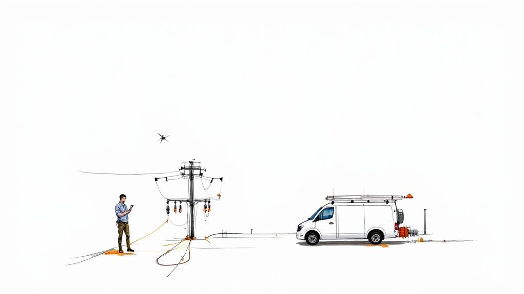 A utility worker uses a tablet near a power pole with wires and a white service van.