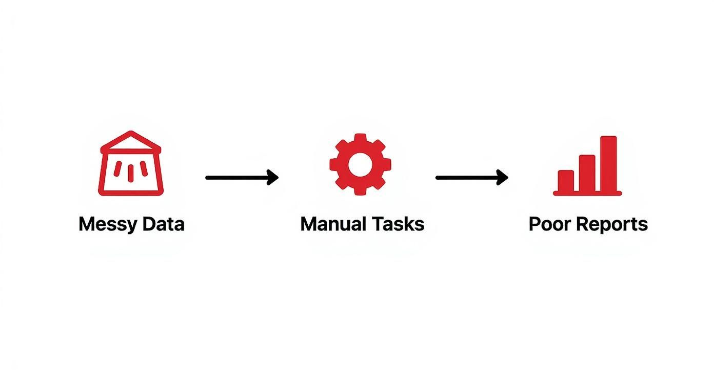 A red icon process flow illustrating messy data leading to manual tasks and poor reports.