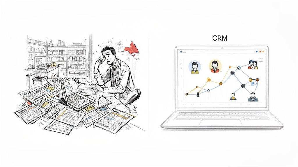 Image contrasts a stressed worker with messy papers and a clean CRM software solution on a laptop.