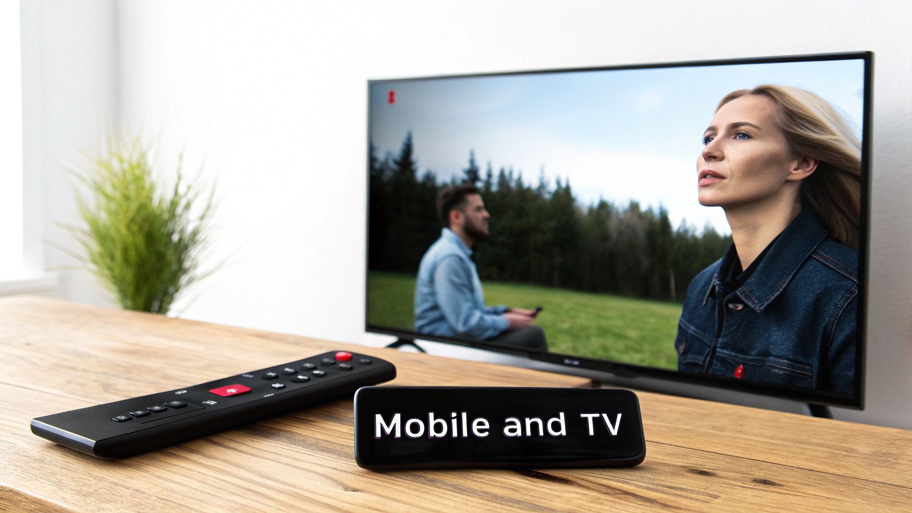A TV remote and a 'Mobile and TV' device on a wooden table, with a TV showing people outdoors.