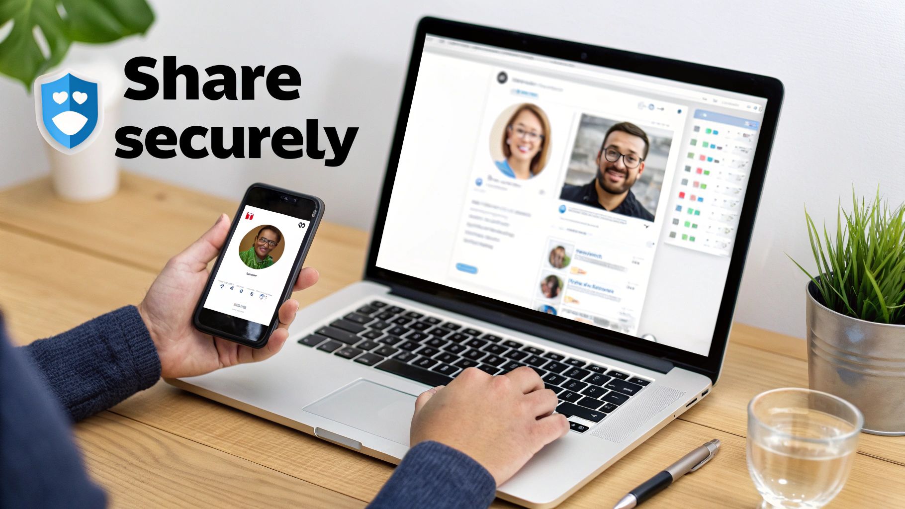 Person securely sharing data on a laptop and smartphone, featuring a 'Share securely' message and shield logo.