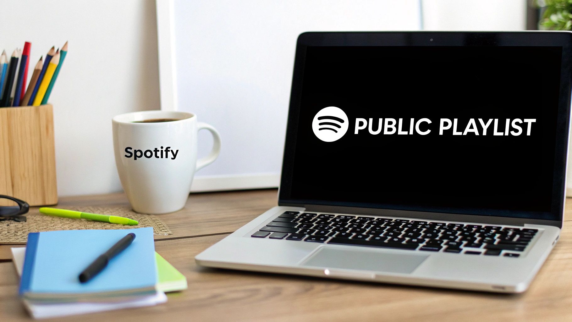 Person using a laptop with Spotify open, demonstrating how to find the playlist menu.