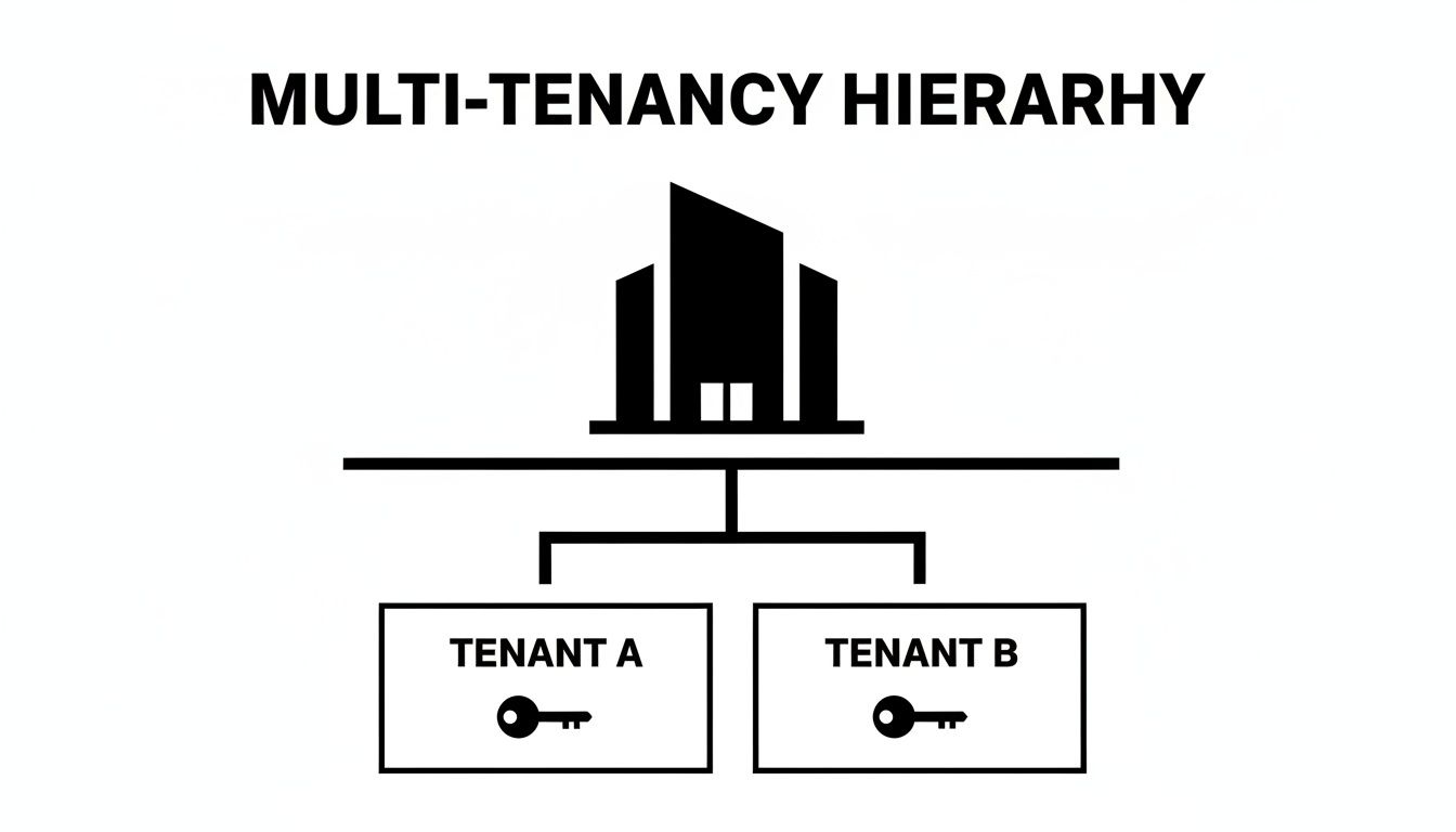 A multi-tenancy hierarchy diagram showing a central building supporting separate Tenant A and Tenant B, each with a key.