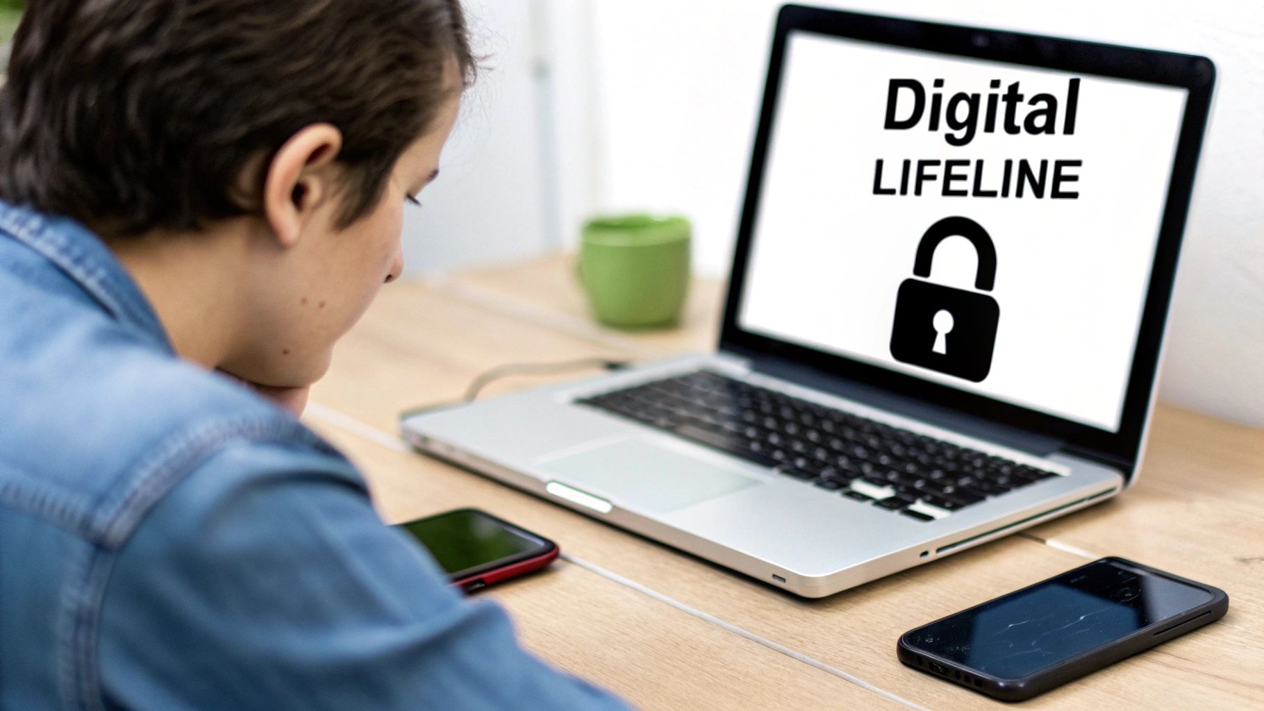 A person looks at a laptop displaying 'Digital LIFELINE' and a padlock icon, with two smartphones on a desk.