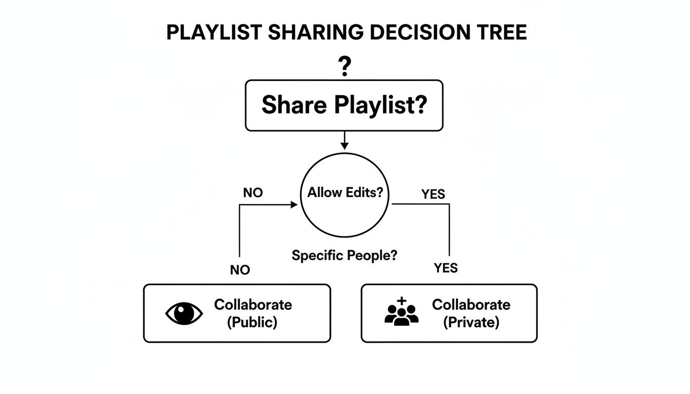 A decision tree showing choices for sharing playlists, leading to public or private collaboration.