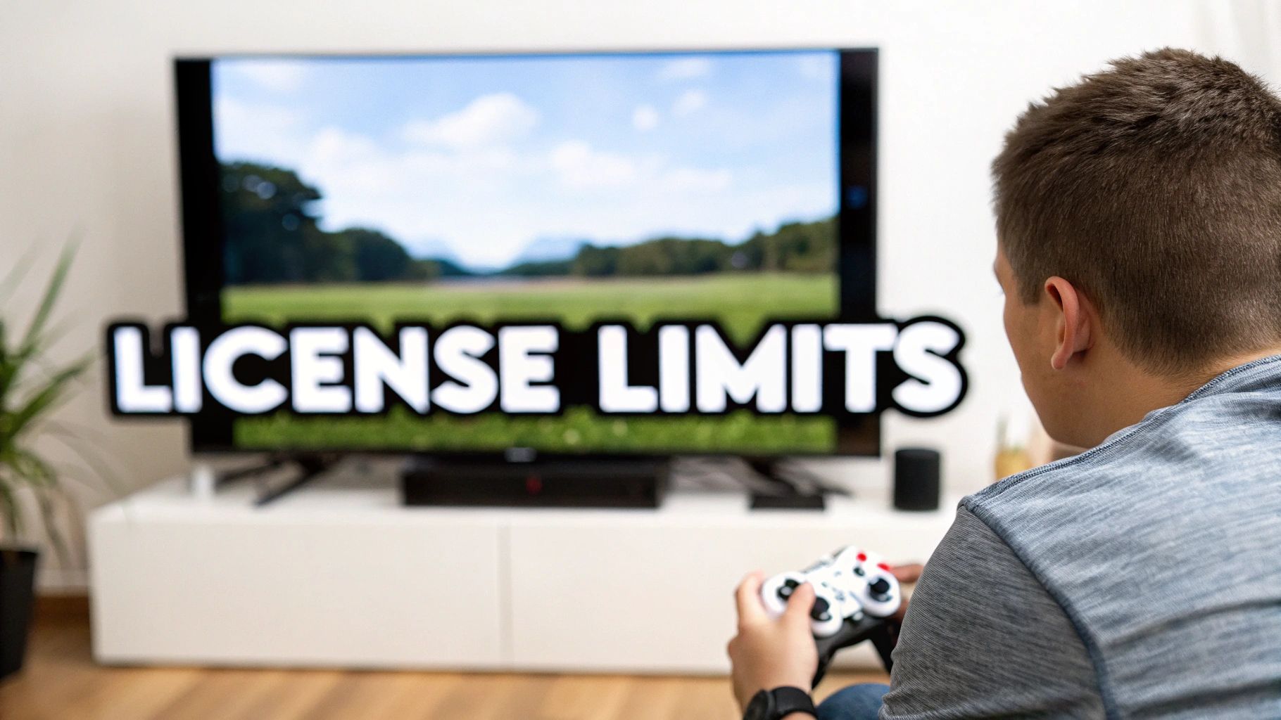 A person playing a video game with a controller, facing a TV displaying 'LICENSE LIMITS' text over a scenic landscape.
