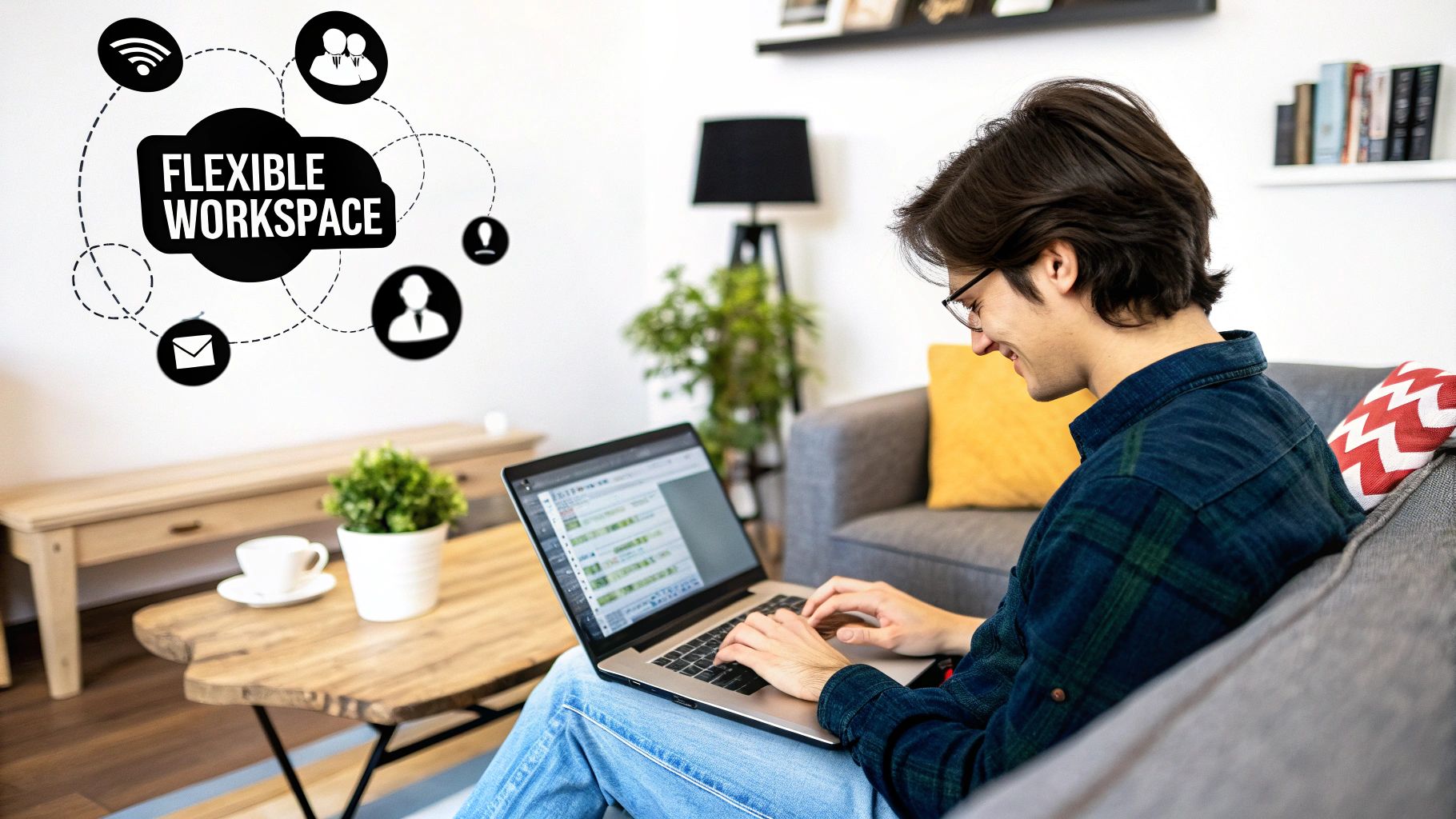 A modern, flexible office space with various seating arrangements and collaborative areas, representing flexible workspace models.