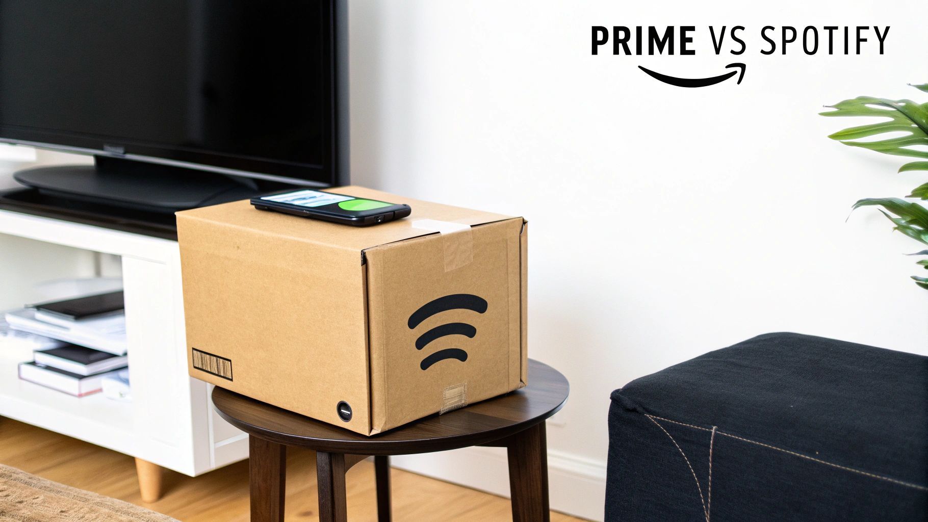 A Spotify-branded box with a smartphone sits on a table, contrasting with 'Prime vs Spotify' text.