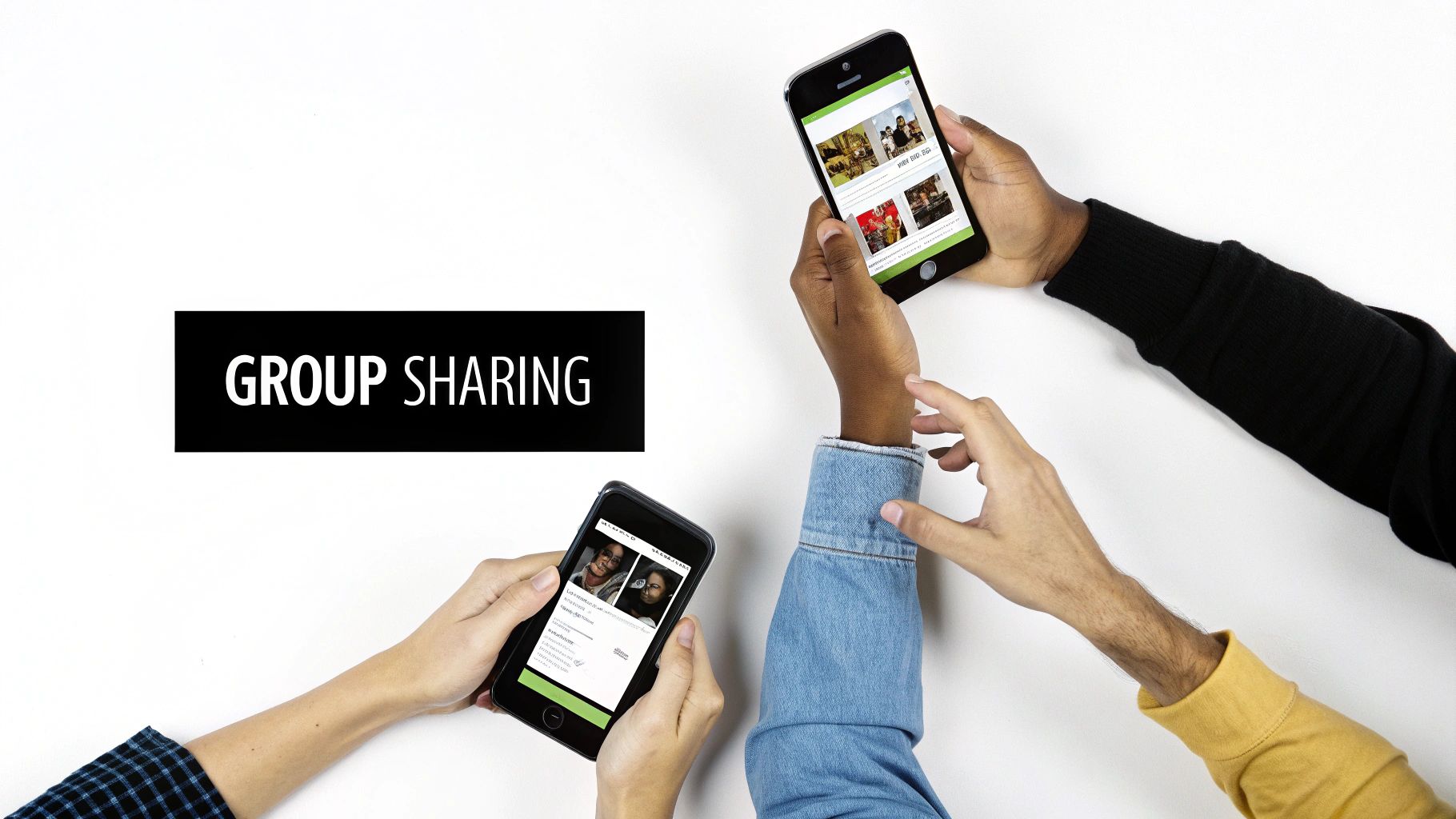 Multiple hands hold smartphones displaying content, with a prominent 'GROUP SHARING' text.