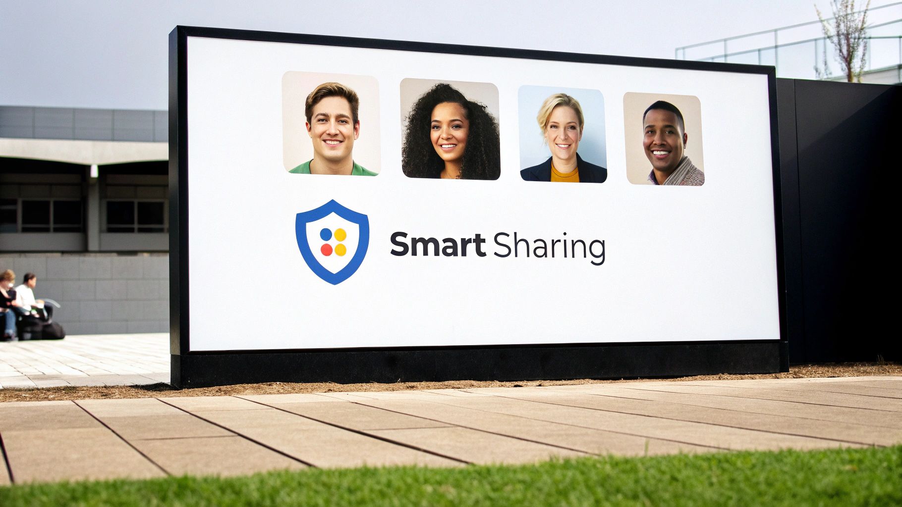 Outdoor digital display promoting 'Smart Sharing' with a logo and smiling diverse user portraits.