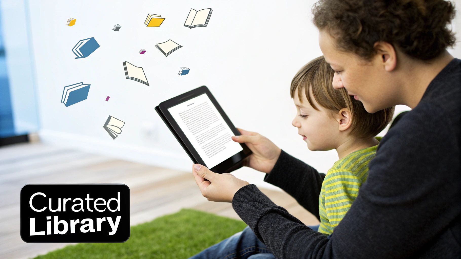 A child happily reading on a Kindle in a cozy room, surrounded by books.