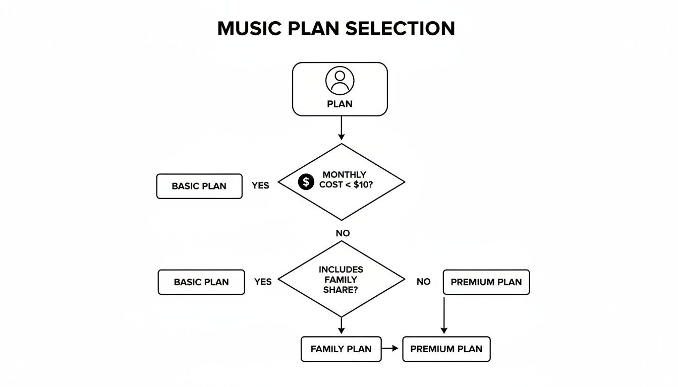 A flowchart titled 'Music Plan Selection' showing decisions based on cost and family share options.