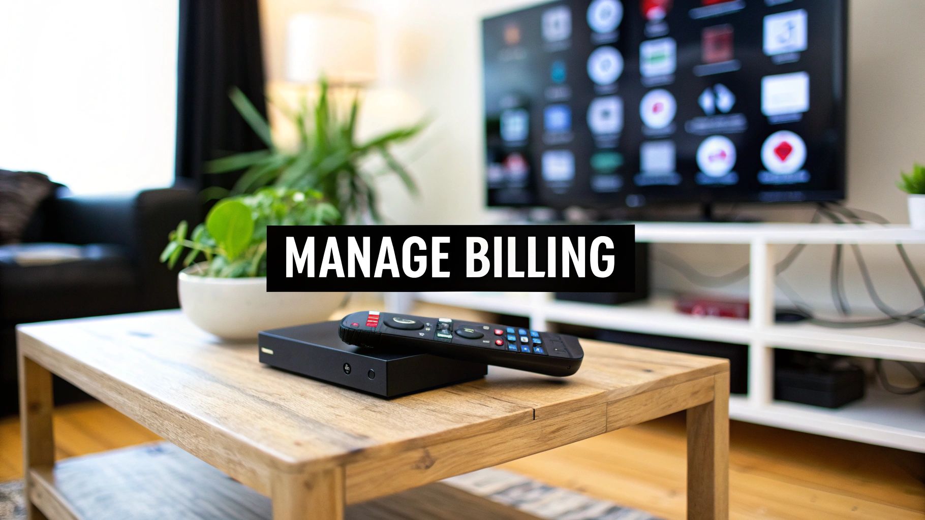 A living room scene with a streaming device, remote, and TV displaying apps, with 'MANAGE BILLING' text.