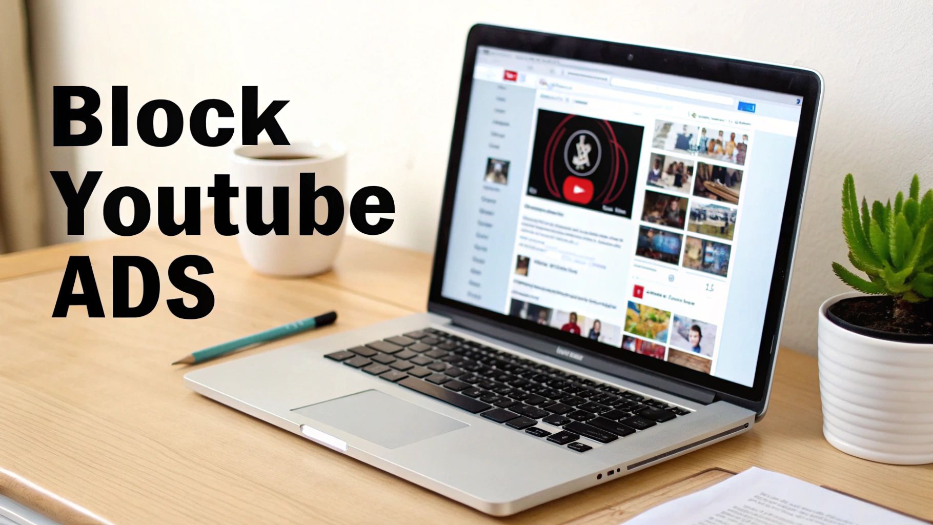 A person using a laptop with a shield icon, symbolizing an ad blocker.