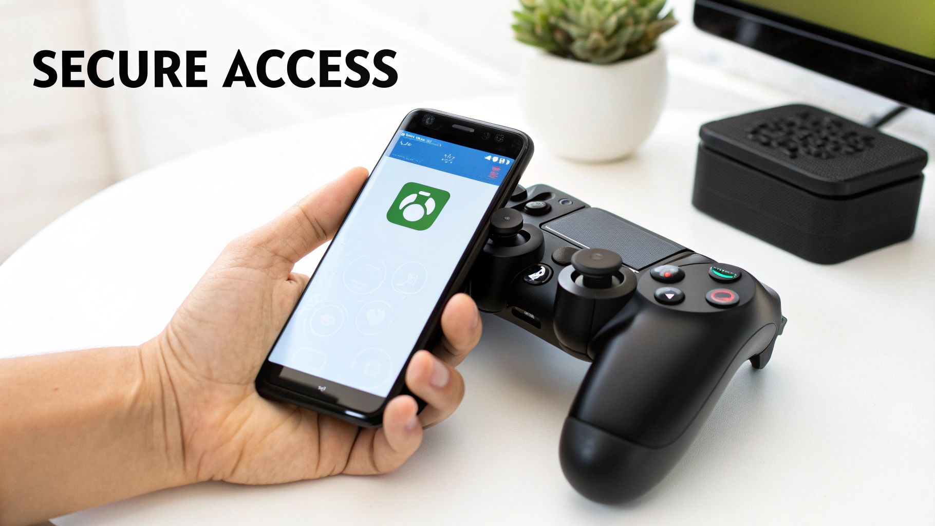 Smartphone showing a secure access app near a gaming controller, emphasizing digital security.