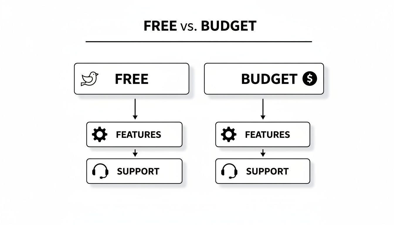 A diagram comparing 'FREE' and 'BUDGET' options, showing both include features and support.