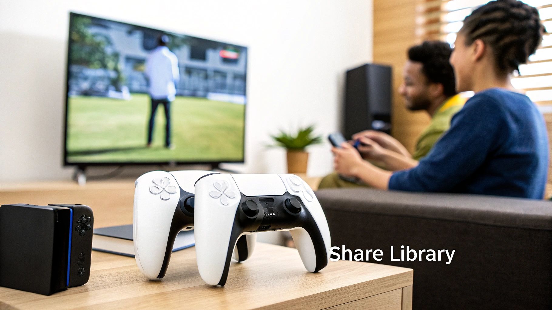 Two PlayStation 5 DualSense controllers on wooden table with gamers playing in background