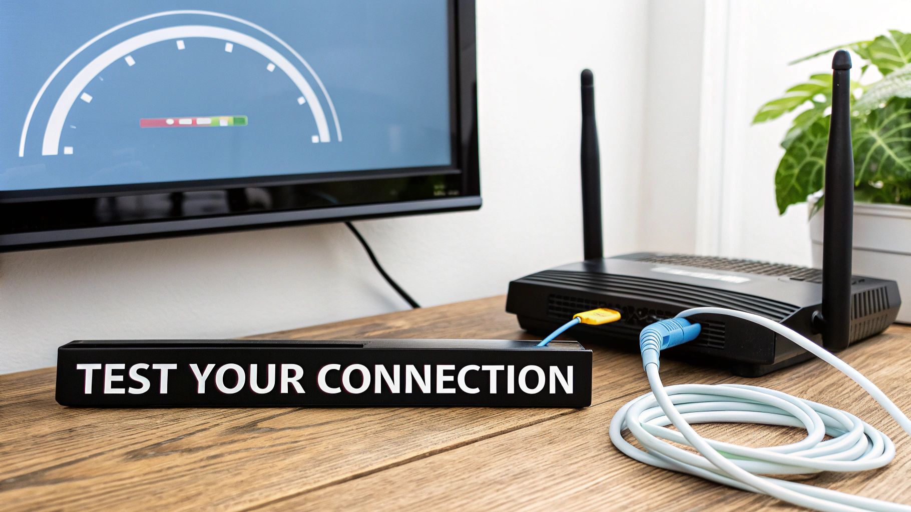 A TV displays an internet speed test next to a WiFi router and 'TEST YOUR CONNECTION' sign.