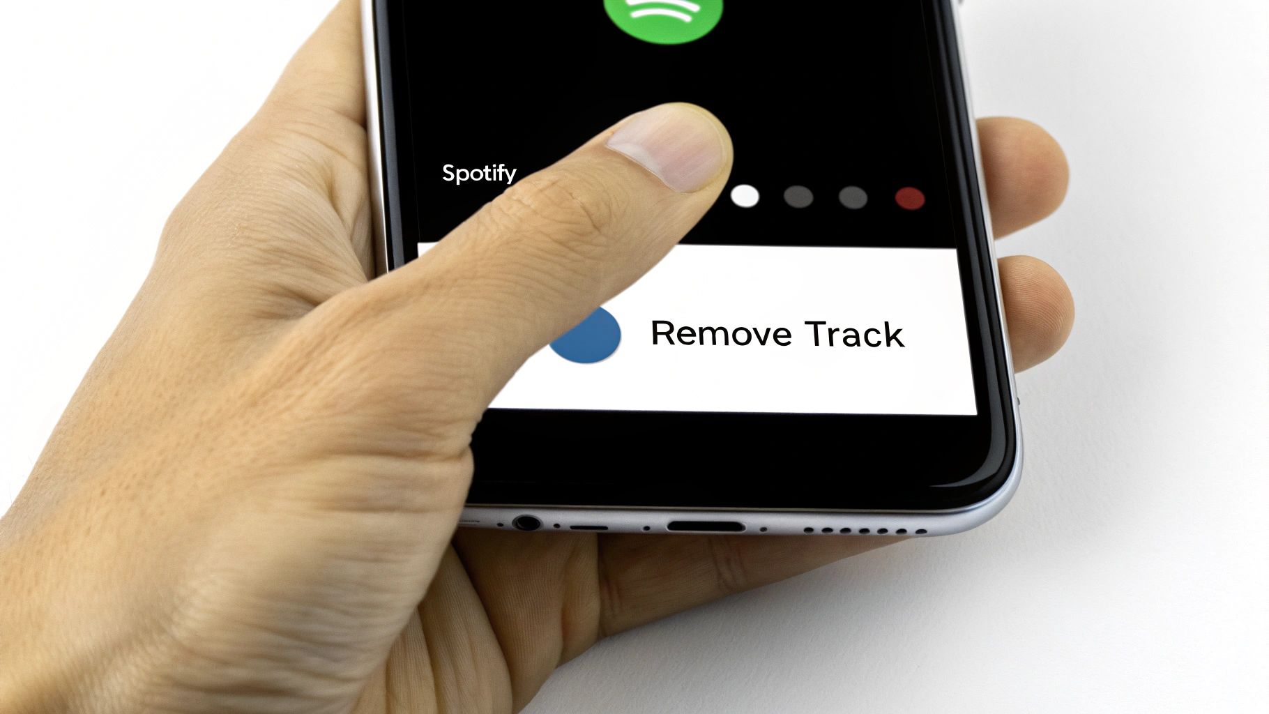 A hand interacting with a smartphone screen displaying the Spotify app's 'Remove Track' option.