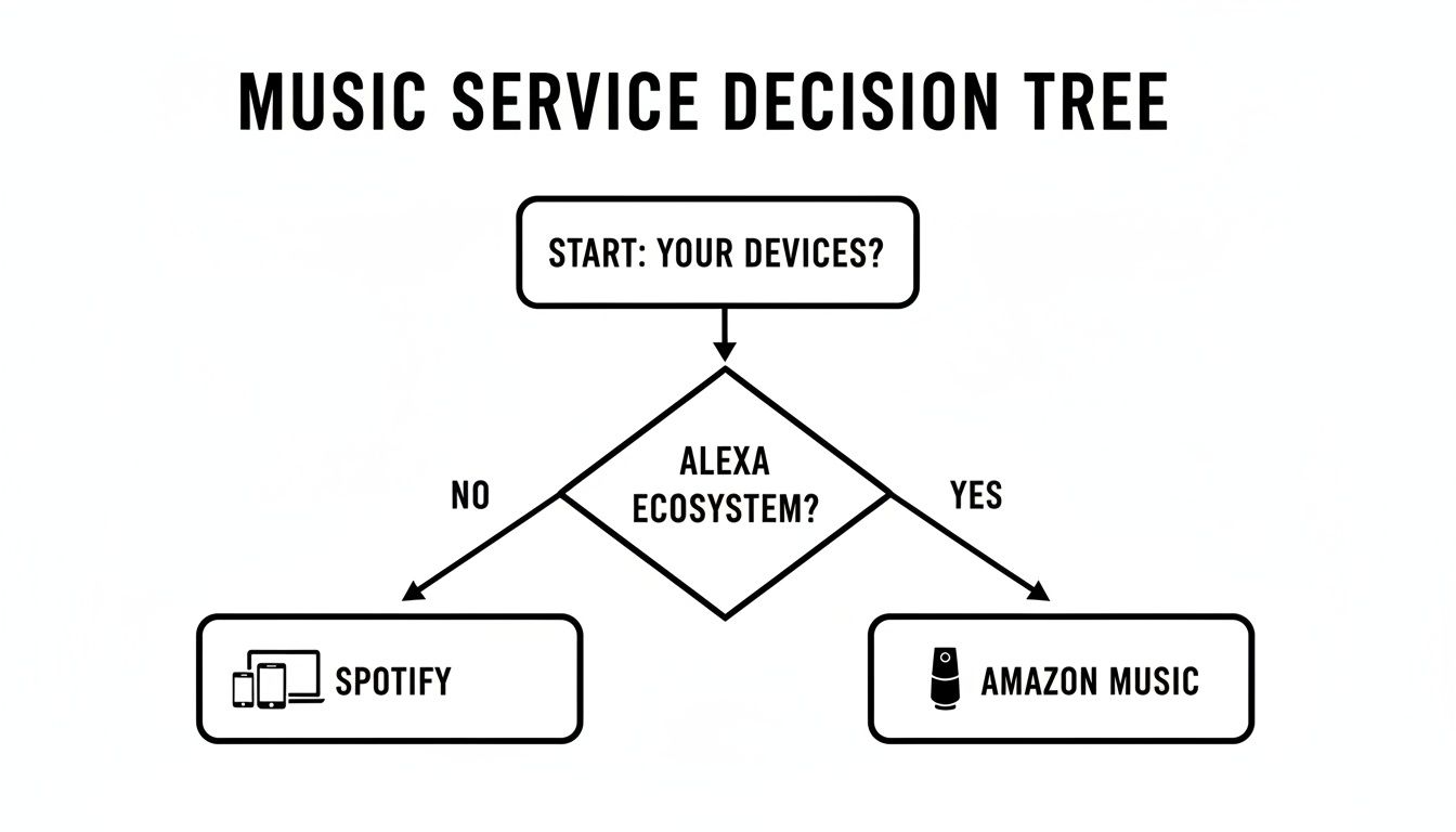 A music service decision tree recommending Spotify or Amazon Music based on Alexa ecosystem.