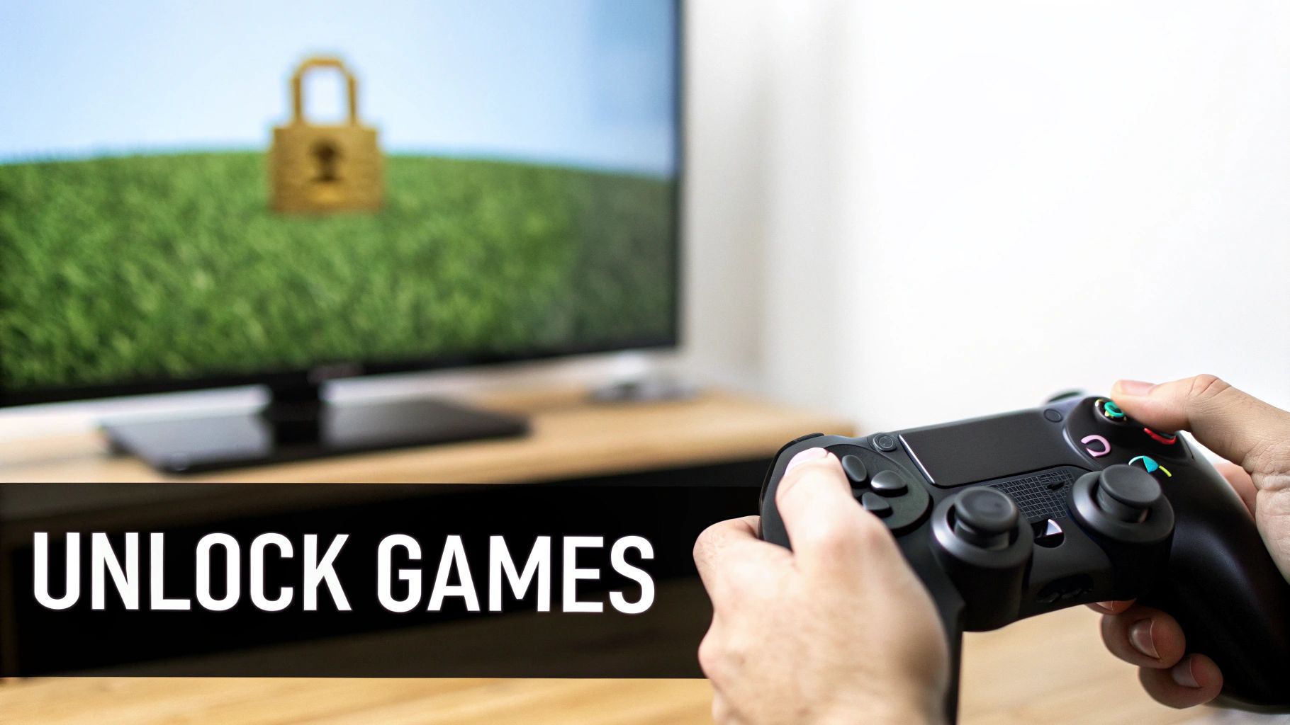 A person holding a PlayStation 5 controller while looking at a screen with a padlock icon, symbolizing a locked game.