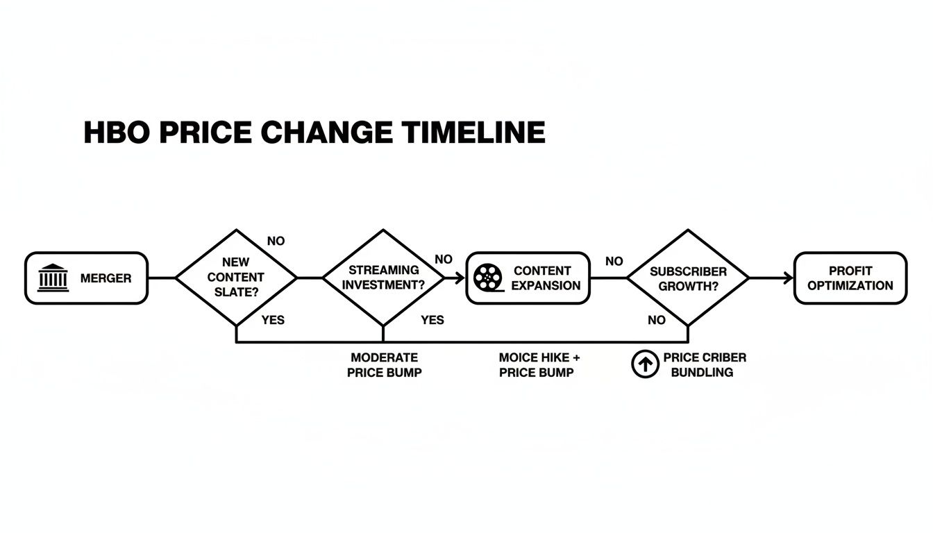 Flowchart illustrating the HBO price change timeline based on content, streaming investment, and subscriber growth.