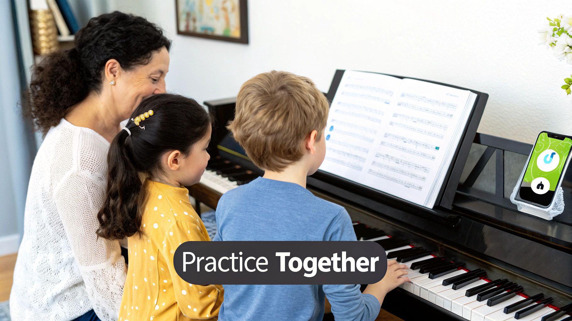A happy family of four is gathered around a digital piano with a tablet displaying the Simply Piano app, smiling as one of the children plays.