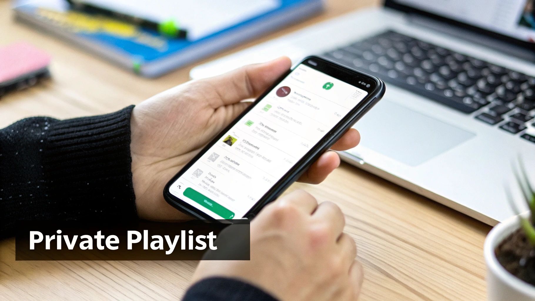 Close-up of hands holding a smartphone displaying a music app interface with a private playlist.