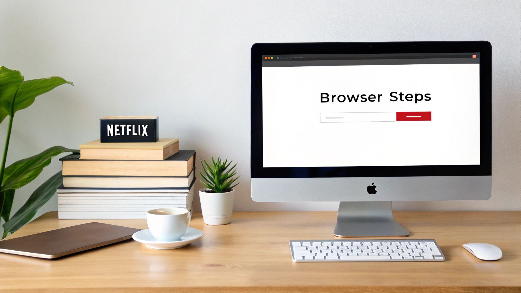 Modern desk with an iMac displaying "Browser Steps", Netflix box, books, coffee, and a plant.
